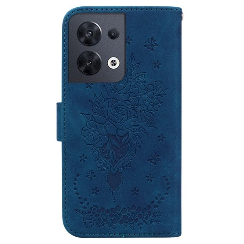 Flip Cover Oppo Reno 8 Med Snor Strappy Roser Og Sommerfugle