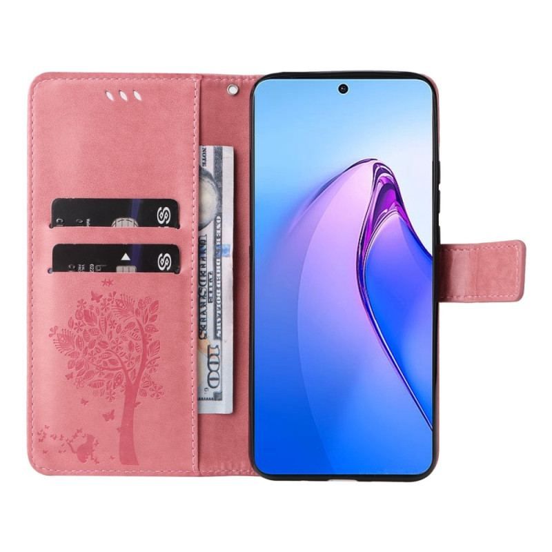 Flip Cover Oppo Reno 8 Pro Med Snor Træ Og Strappy Kat