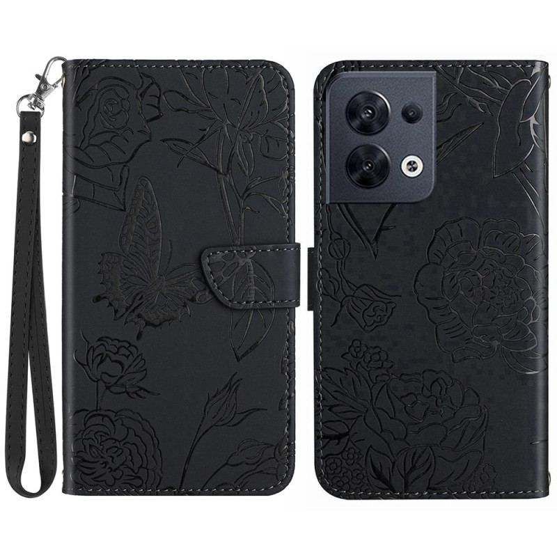 Flip Cover Oppo Reno 8 Sommerfugle Med Snor