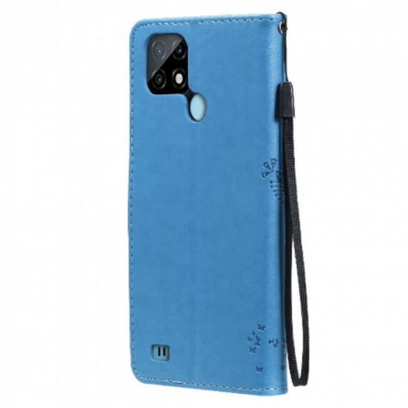 Flip Cover Realme C21 Med Snor Træ Og Strappy Kat