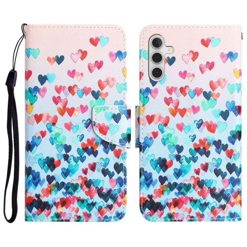 Flip Cover Samsung Galaxy A14 / A14 5G Med Snor Strappy Hearts Rain