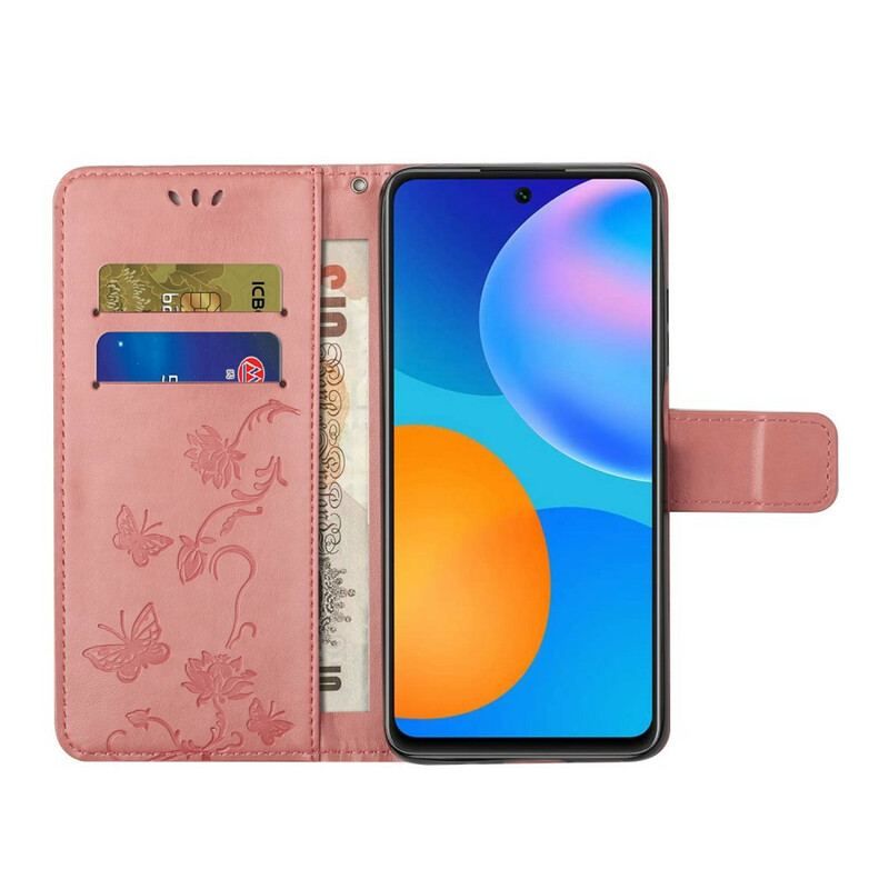 Flip Cover Samsung Galaxy A52 4G / A52 5G / A52s 5G Med Snor Thong Sommerfugle Og Blomster