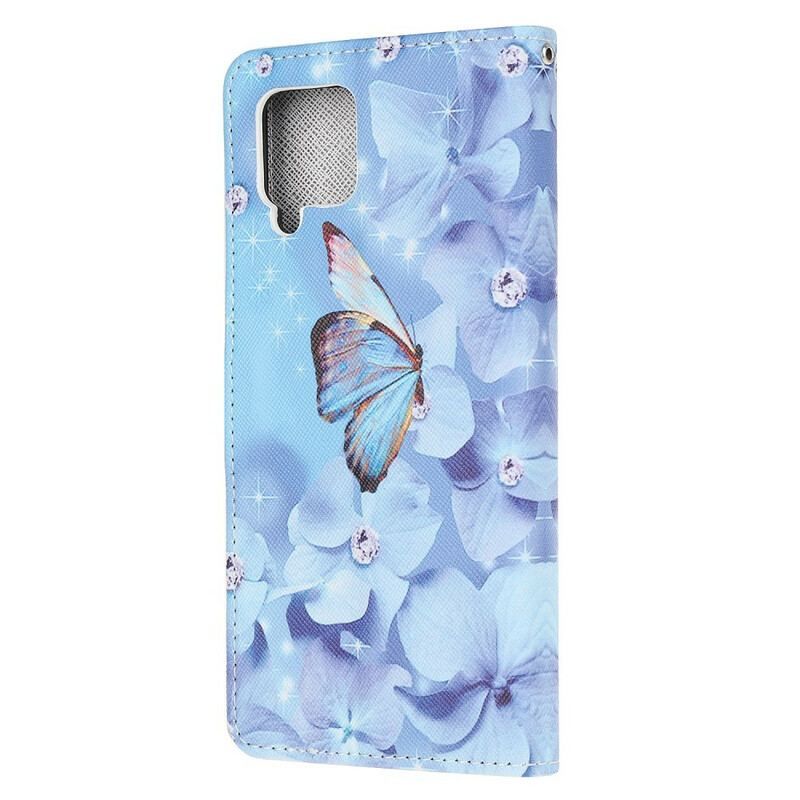 Flip Cover Samsung Galaxy M12 / A12 Med Snor Strappy Diamond Sommerfugle