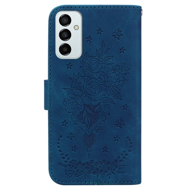 Flip Cover Samsung Galaxy M13 Med Snor Strappy Roser Og Sommerfugle