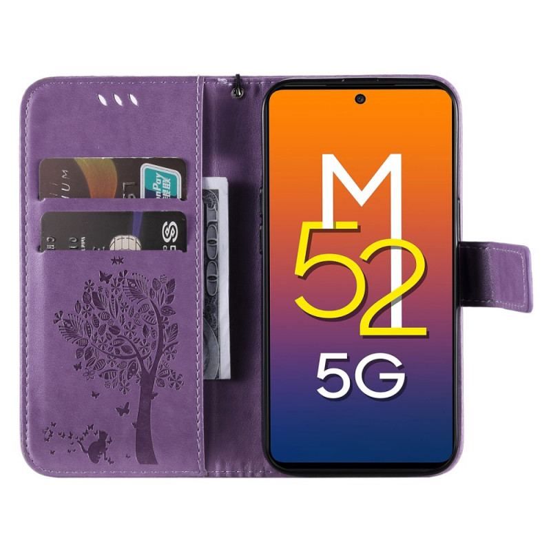 Flip Cover Samsung Galaxy M52 5G Blomstrende Træ Og Kat