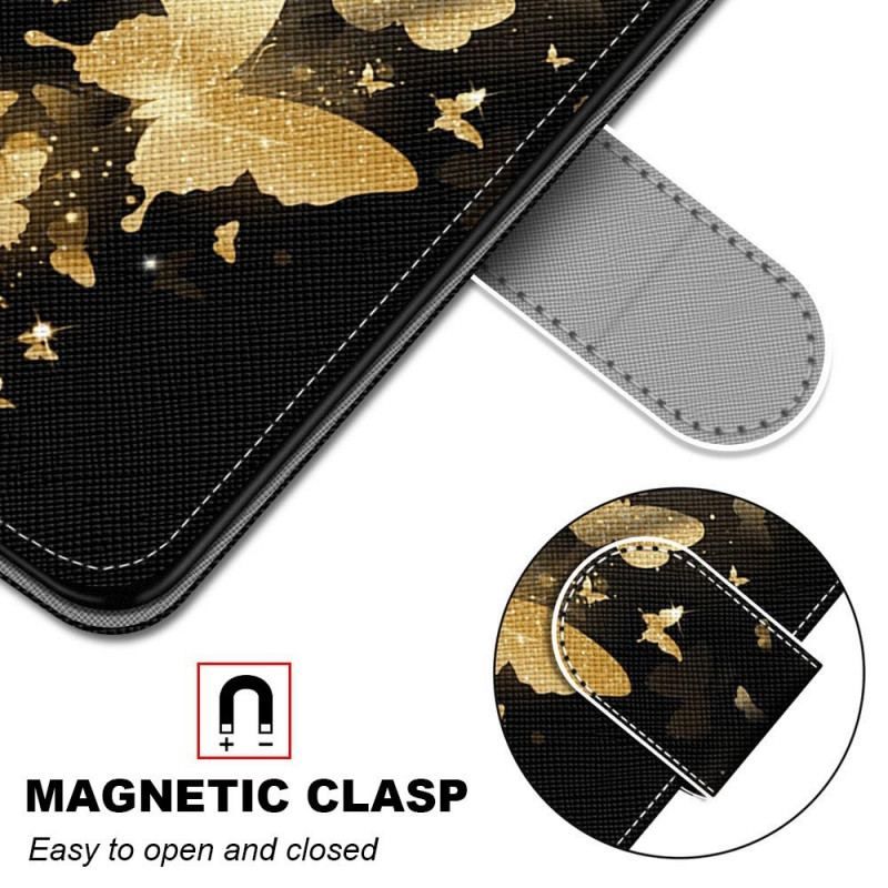 Flip Cover Samsung Galaxy M53 5G Med Snor Guld Sommerfugle Med Rem