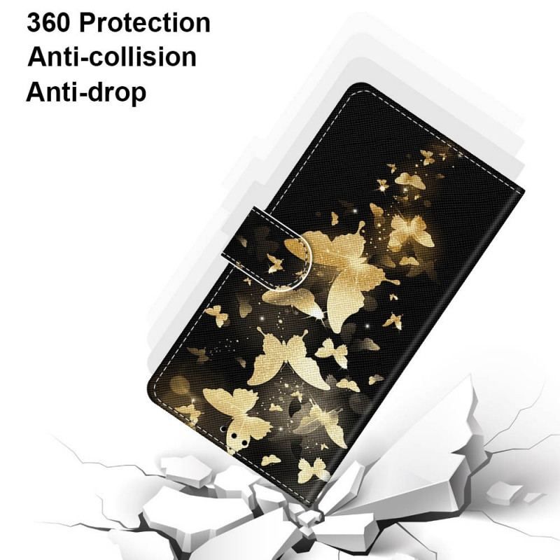 Flip Cover Samsung Galaxy M53 5G Med Snor Guld Sommerfugle Med Rem