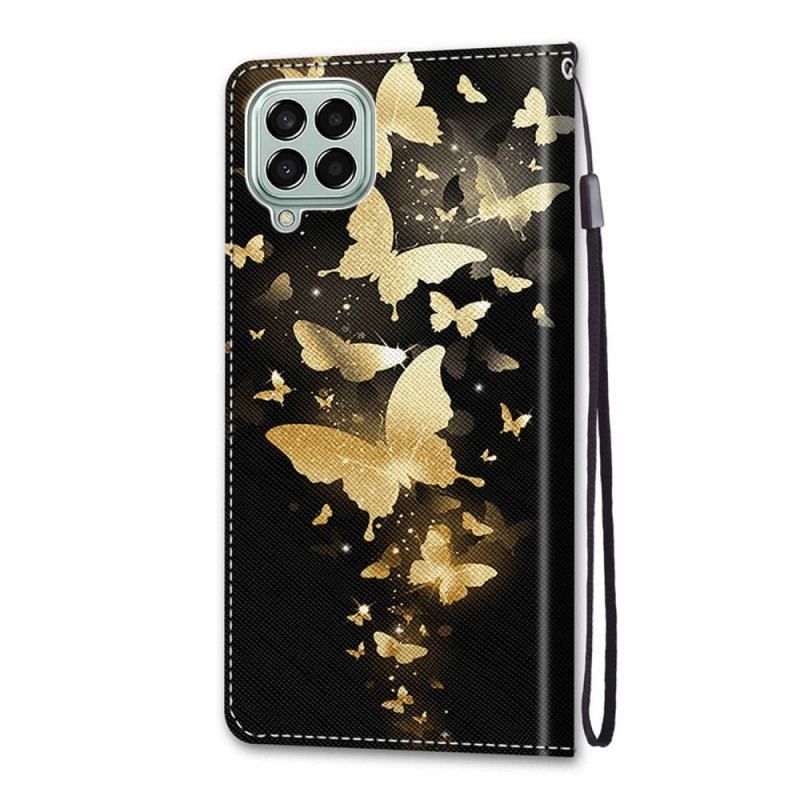 Flip Cover Samsung Galaxy M53 5G Med Snor Guld Sommerfugle Med Rem