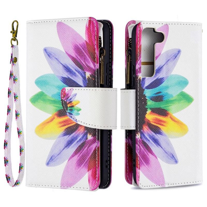 Flip Cover Samsung Galaxy S22 5G Blomsterlomme Med Lynlås