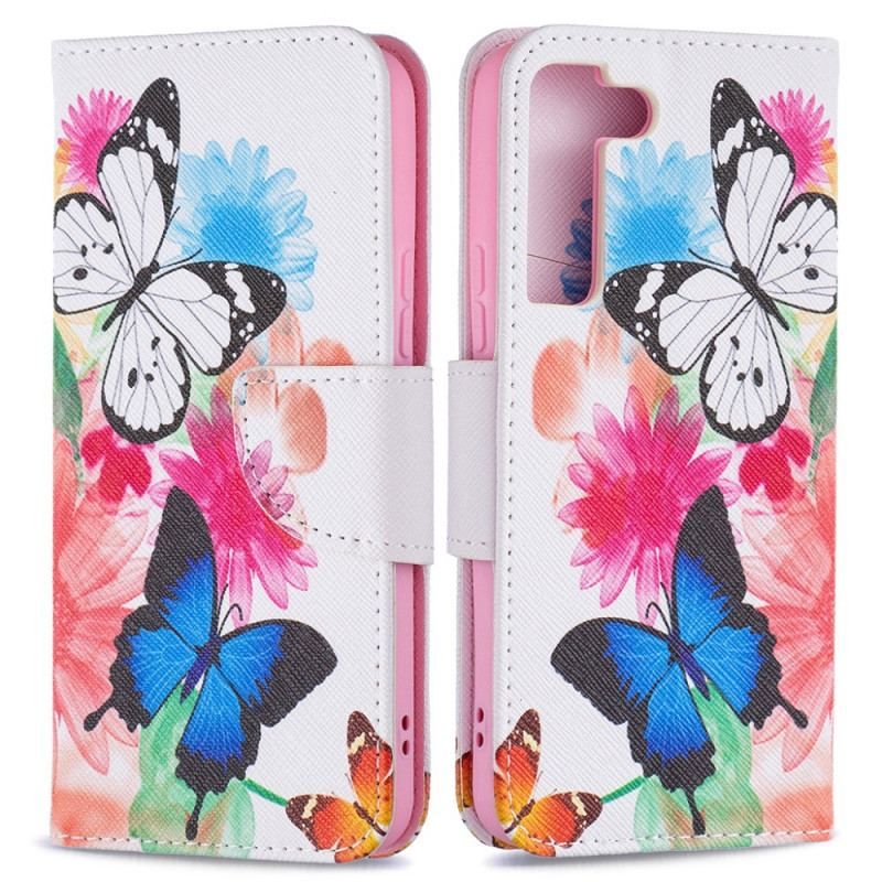 Flip Cover Samsung Galaxy S22 5G Malede Sommerfugle Og Blomster