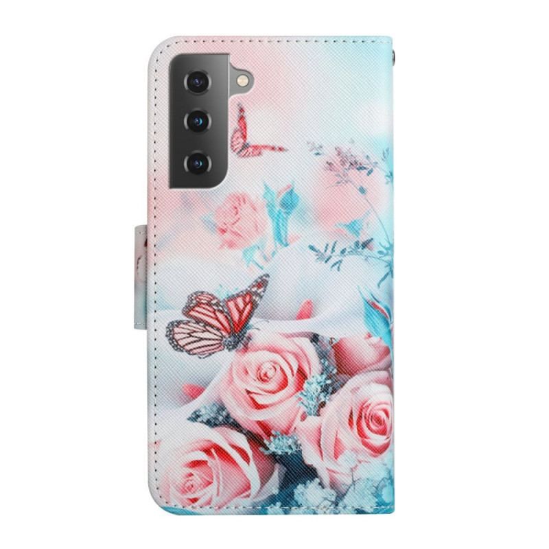 Flip Cover Samsung Galaxy S22 Plus 5G Buket Af Blomster Og Sommerfugle