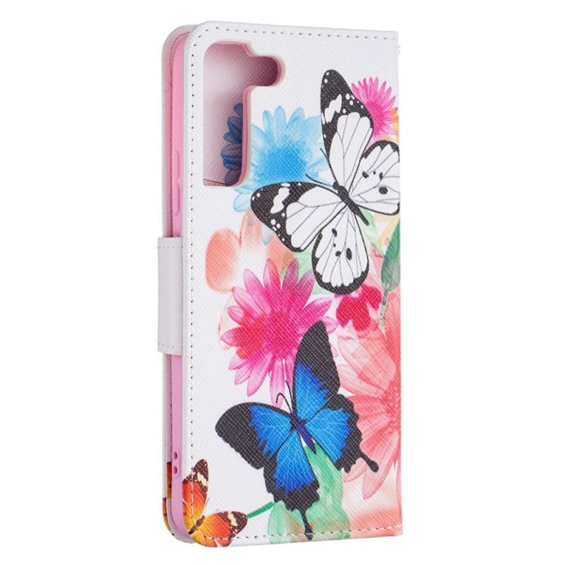 Flip Cover Samsung Galaxy S22 Plus 5G Malede Sommerfugle Og Blomster