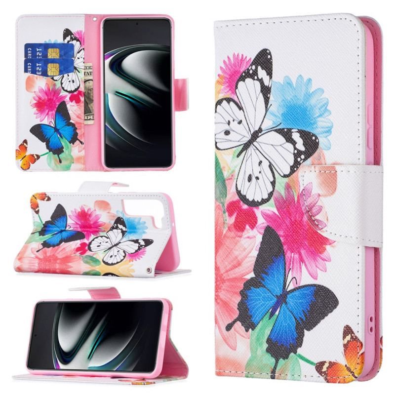 Flip Cover Samsung Galaxy S22 Plus 5G Malede Sommerfugle Og Blomster