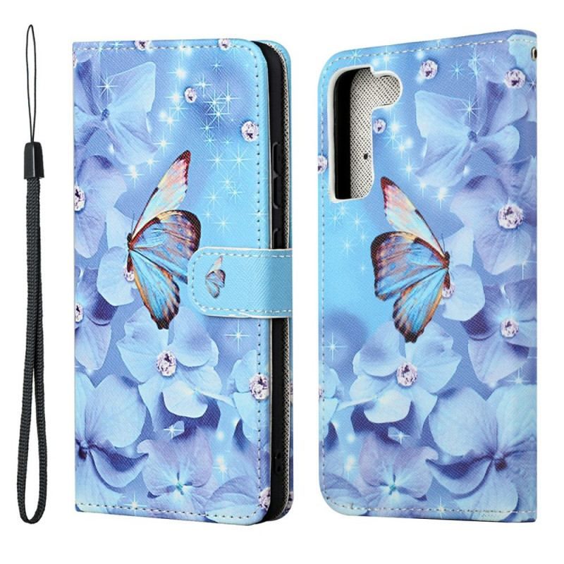 Flip Cover Samsung Galaxy S22 Plus 5G Med Snor Strappy Diamond Sommerfugle