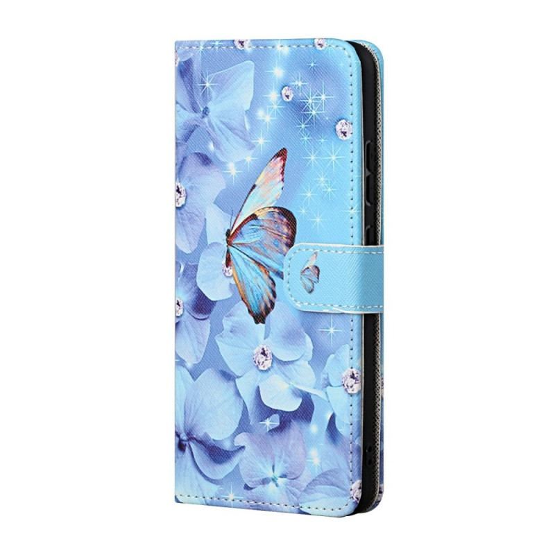 Flip Cover Samsung Galaxy S22 Plus 5G Med Snor Strappy Diamond Sommerfugle