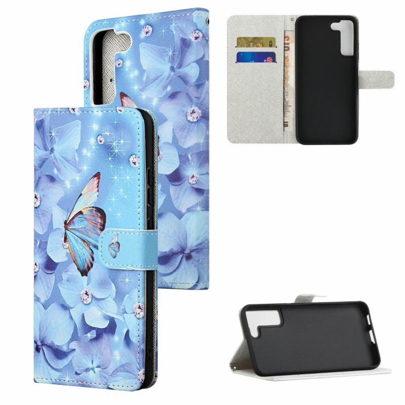 Flip Cover Samsung Galaxy S22 Plus 5G Med Snor Strappy Diamond Sommerfugle