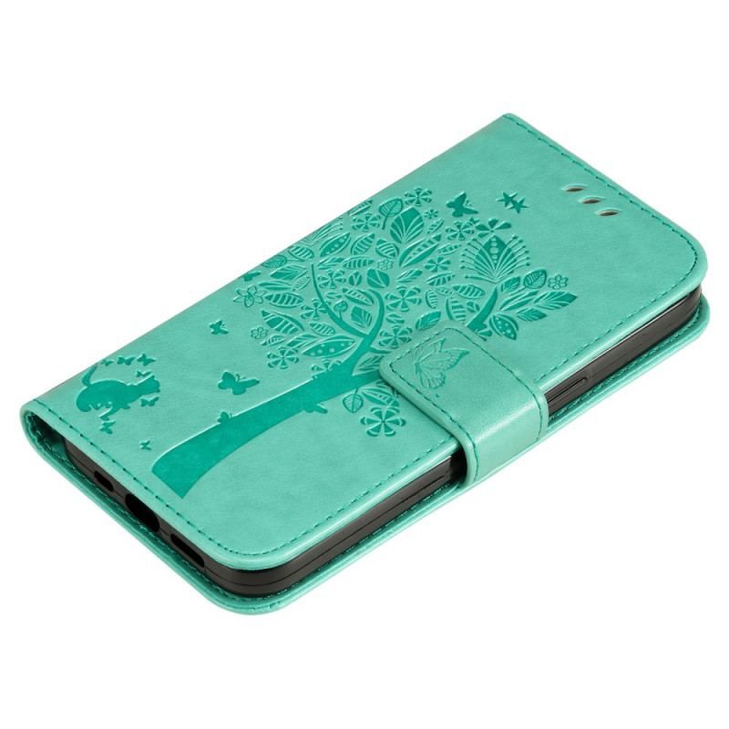 Flip Cover Samsung Galaxy S22 Plus 5G Med Snor Træ Og Strappy Kat