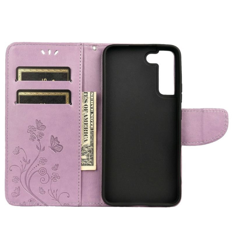 Flip Cover Samsung Galaxy S22 Plus 5G Sommerfugle Og Blomster Med Snor