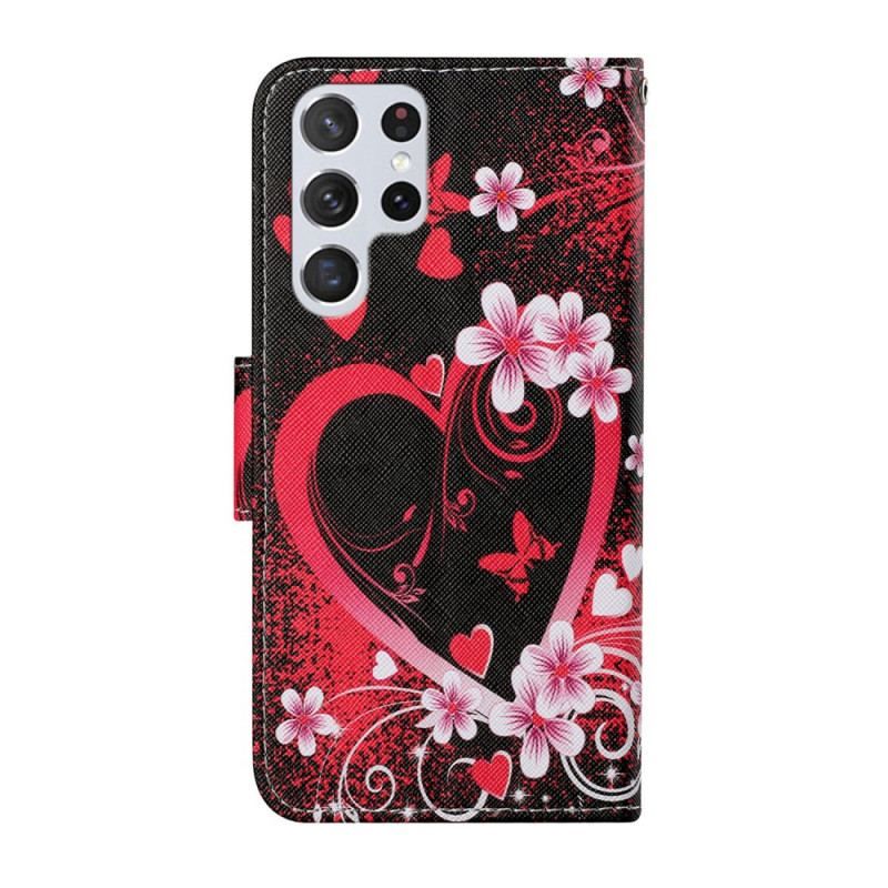 Flip Cover Samsung Galaxy S22 Ultra 5G Blomster Og Hjerter Med Snor