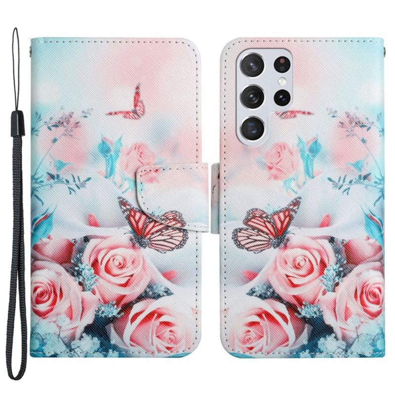 Flip Cover Samsung Galaxy S22 Ultra 5G Buket Af Blomster Og Sommerfugle