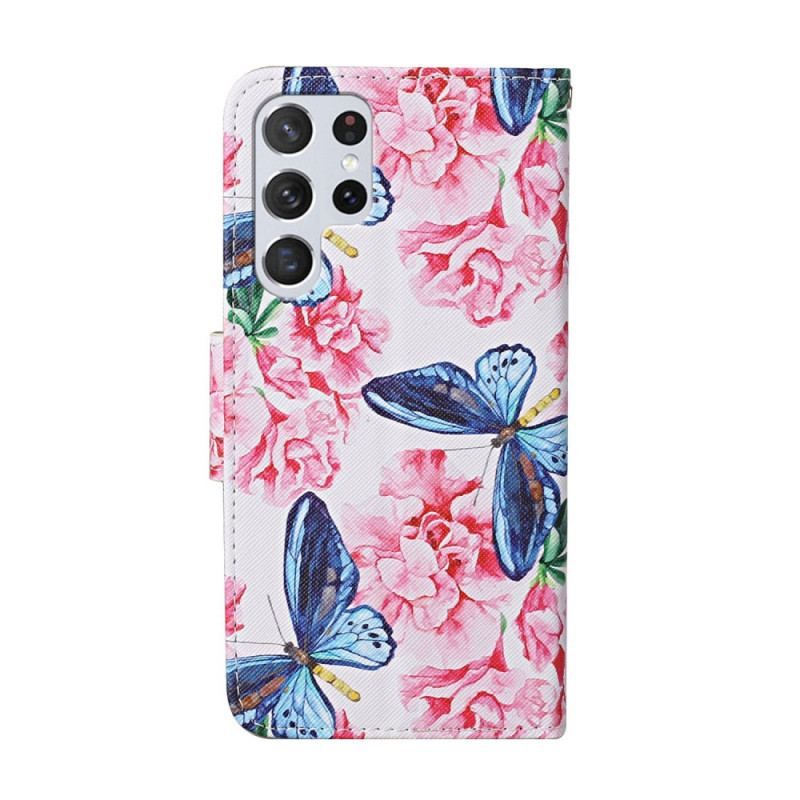 Flip Cover Samsung Galaxy S22 Ultra 5G Butterflies Floral Lanyard