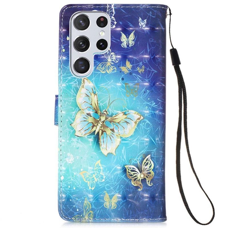 Flip Cover Samsung Galaxy S22 Ultra 5G Golden Butterflies Lanyard