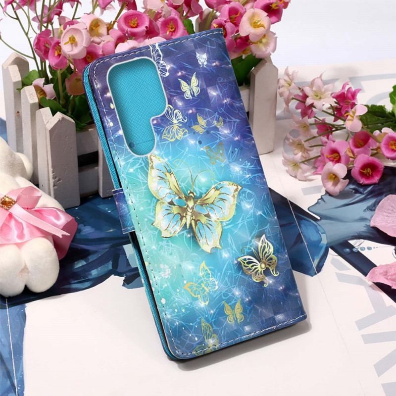 Flip Cover Samsung Galaxy S22 Ultra 5G Golden Butterflies Lanyard