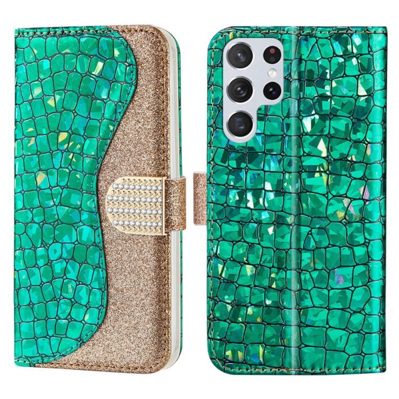 Flip Cover Samsung Galaxy S22 Ultra 5G Krokodille Diamanter