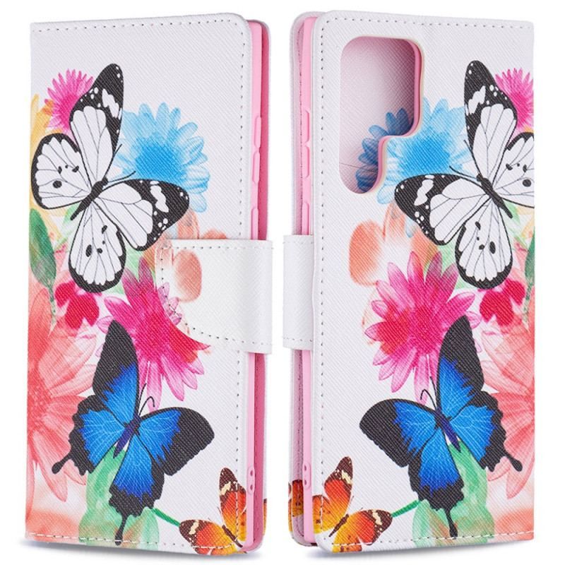 Flip Cover Samsung Galaxy S22 Ultra 5G Malede Sommerfugle Og Blomster