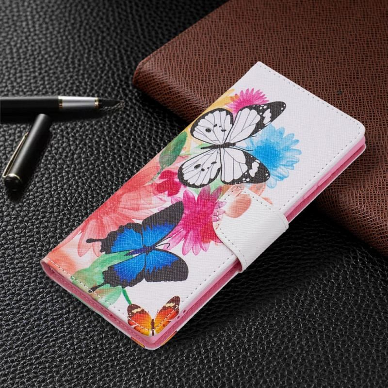 Flip Cover Samsung Galaxy S22 Ultra 5G Malede Sommerfugle Og Blomster