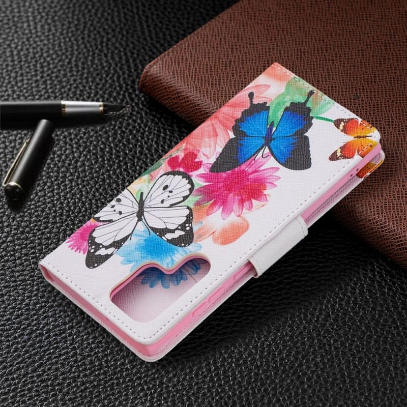 Flip Cover Samsung Galaxy S22 Ultra 5G Malede Sommerfugle Og Blomster