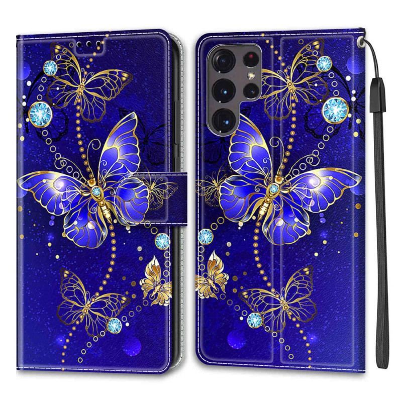 Flip Cover Samsung Galaxy S22 Ultra 5G Med Snor Strap Butterflies Fan