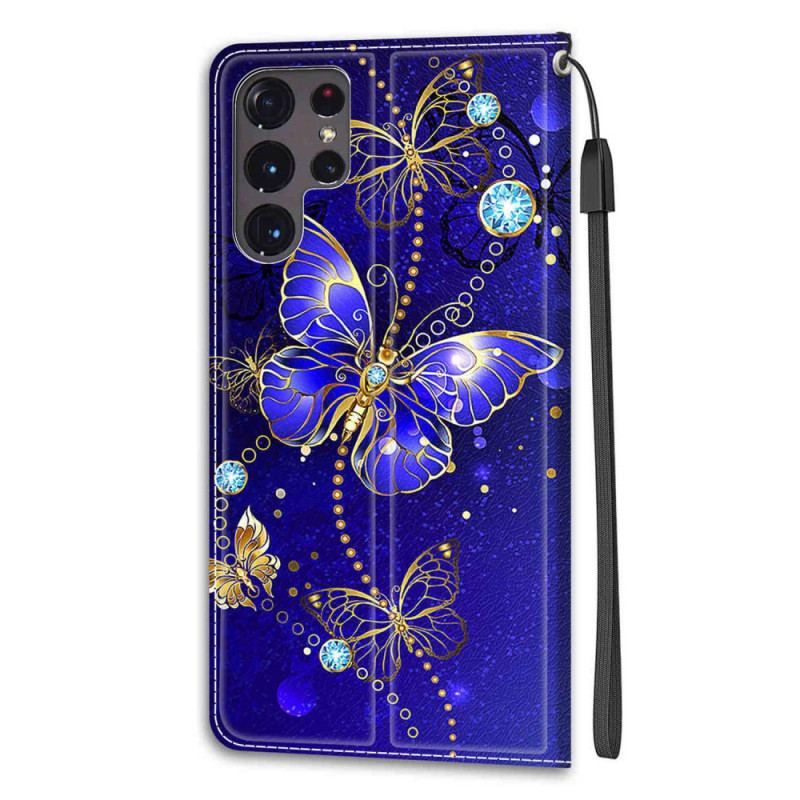 Flip Cover Samsung Galaxy S22 Ultra 5G Med Snor Strap Butterflies Fan