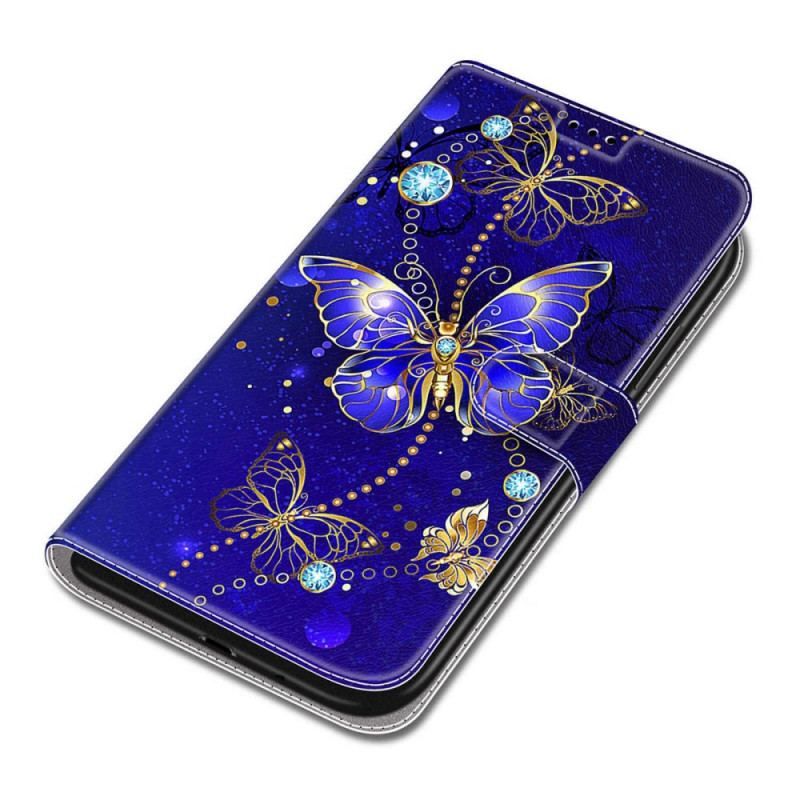 Flip Cover Samsung Galaxy S22 Ultra 5G Med Snor Strap Butterflies Fan