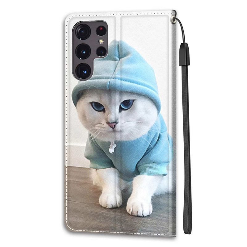 Flip Cover Samsung Galaxy S22 Ultra 5G Med Snor Thong Cat Fan