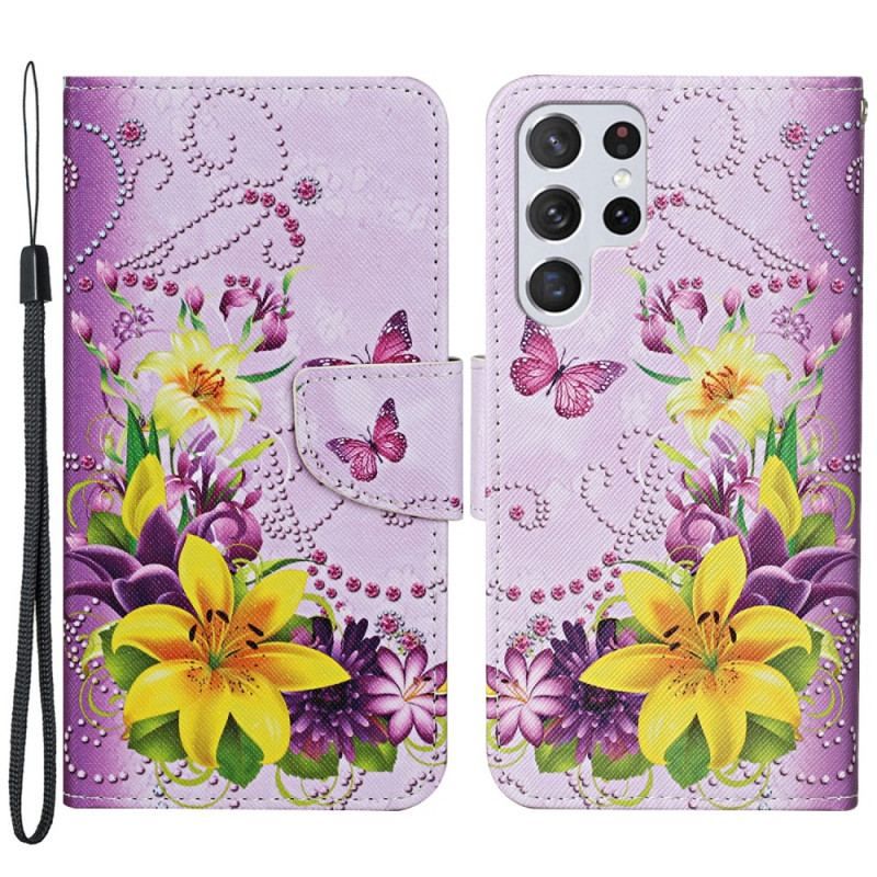 Flip Cover Samsung Galaxy S22 Ultra 5G Mesterlige Blomster Med Rem