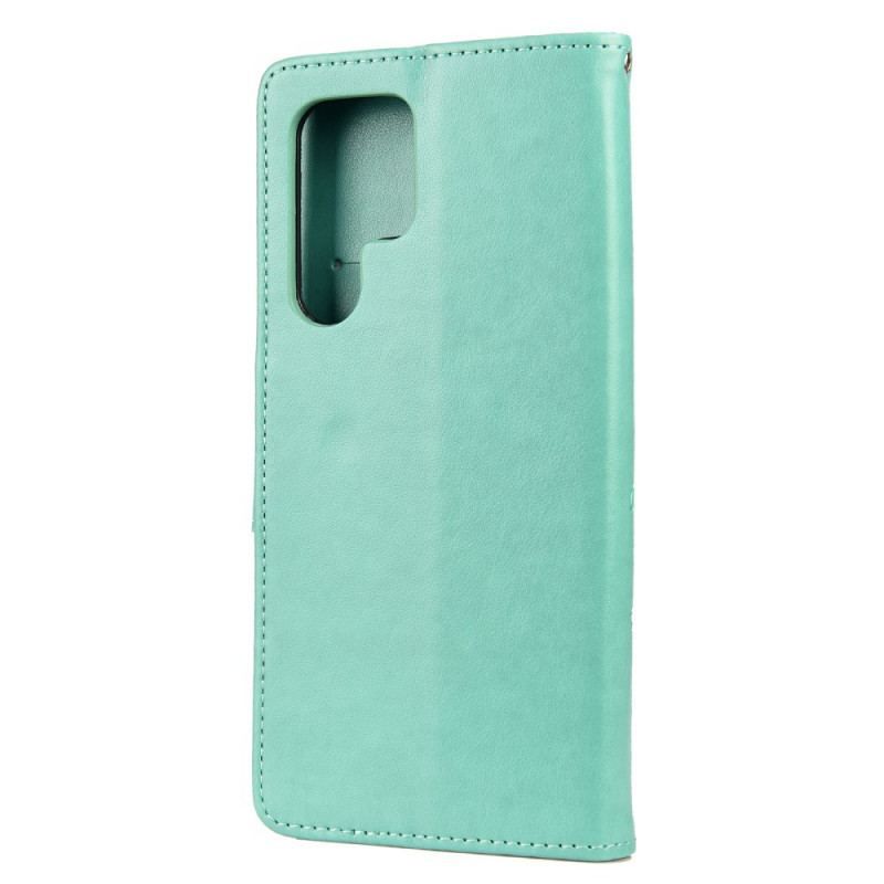 Flip Cover Samsung Galaxy S22 Ultra 5G Sommerfugle Og Blomster Med Snor