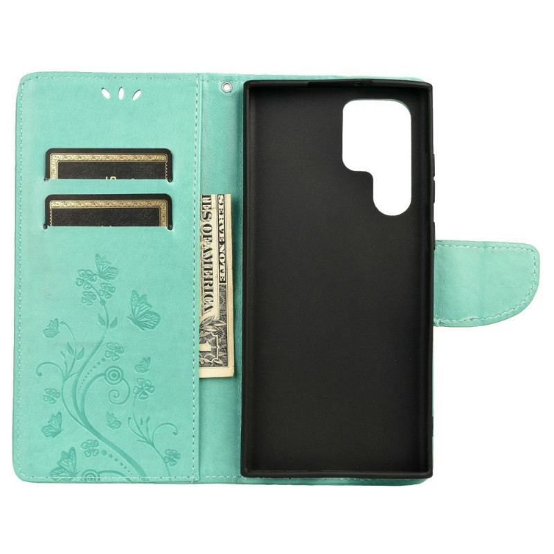 Flip Cover Samsung Galaxy S22 Ultra 5G Sommerfugle Og Blomster Med Snor