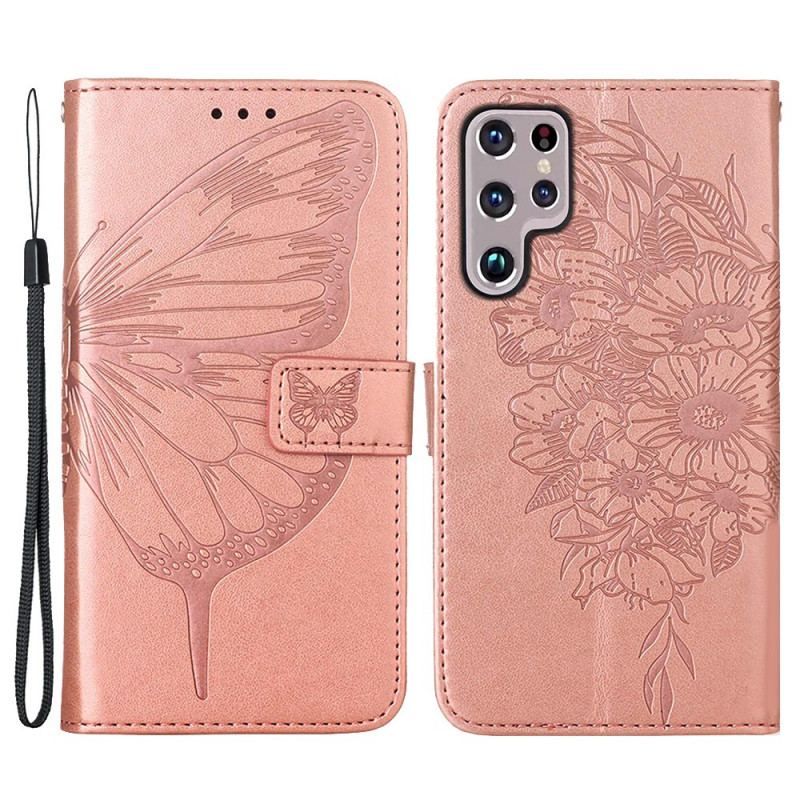 Flip Cover Samsung Galaxy S22 Ultra 5G Sommerfugledesign Med Snor