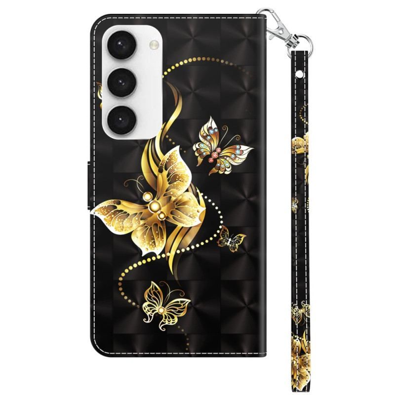 Flip Cover Samsung Galaxy S23 5G Med Snor Butterflies Guldrem