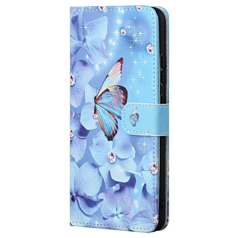 Flip Cover Samsung Galaxy S23 5G Med Snor Strappy Diamond Sommerfugle