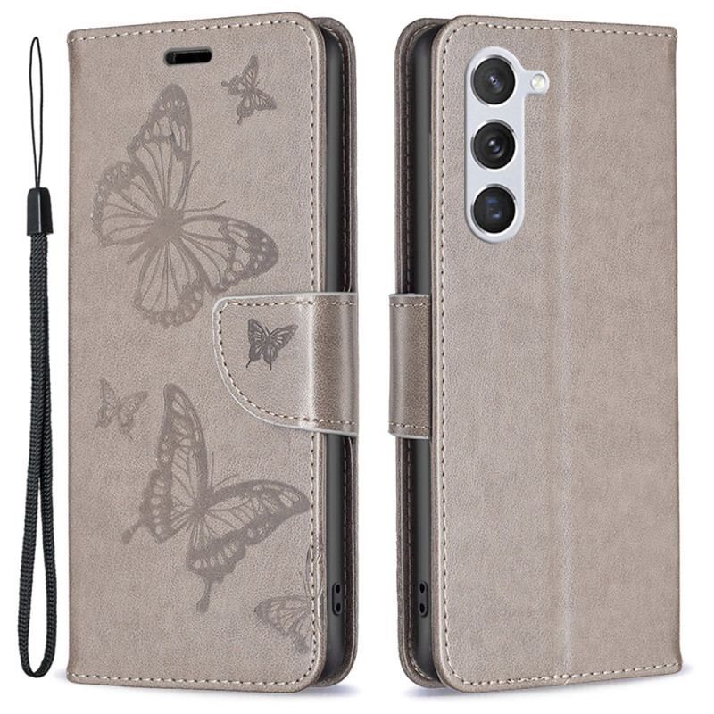 Flip Cover Samsung Galaxy S23 5G Med Snor Thong Sommerfugle