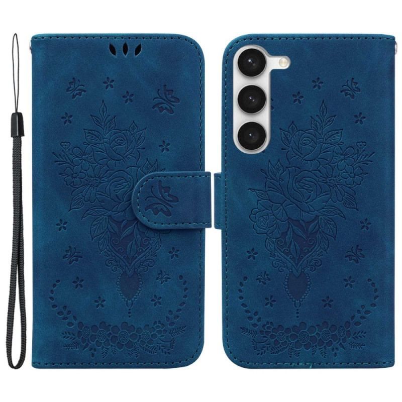 Flip Cover Samsung Galaxy S23 Plus 5G Med Snor Strappy Roser Og Sommerfugle