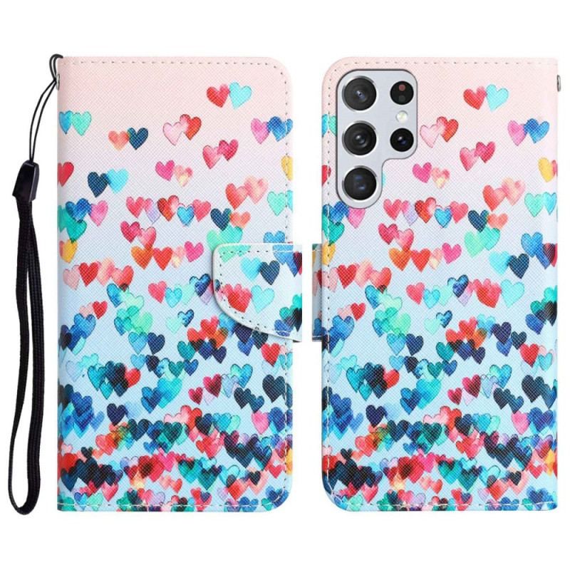 Flip Cover Samsung Galaxy S23 Ultra 5G Med Snor Kun Strappy Hearts