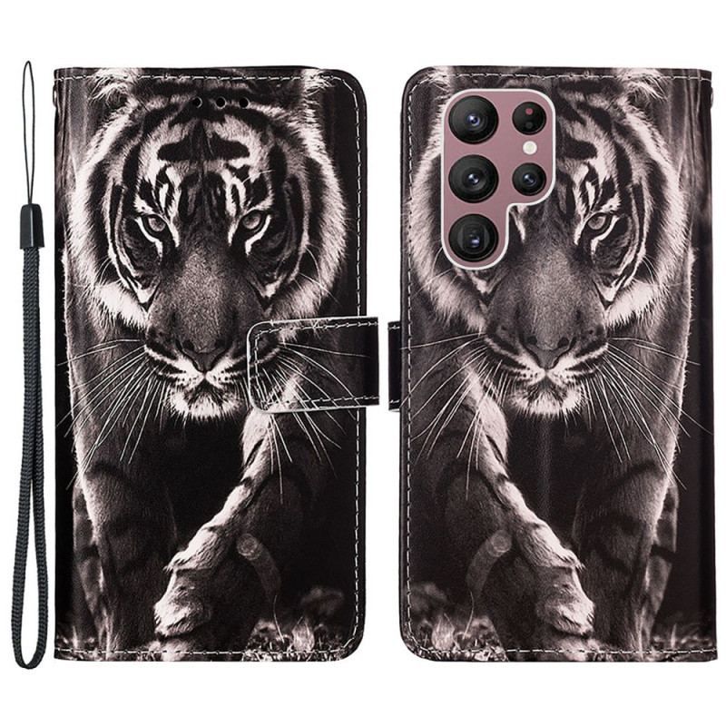 Flip Cover Samsung Galaxy S23 Ultra 5G Med Snor Strappy Night Tiger