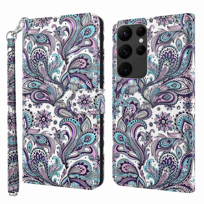 Flip Cover Samsung Galaxy S23 Ultra 5G Med Snor Strappy Paisley Mønster