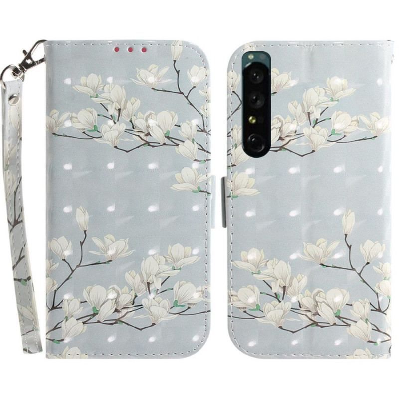 Flip Cover Sony Xperia 1 IV Med Snor Strappy Hvide Blomster