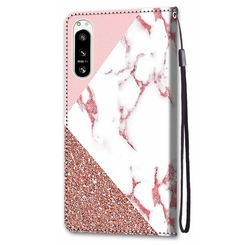 Flip Cover Sony Xperia 5 IV Marmor Og Glitter Trekant