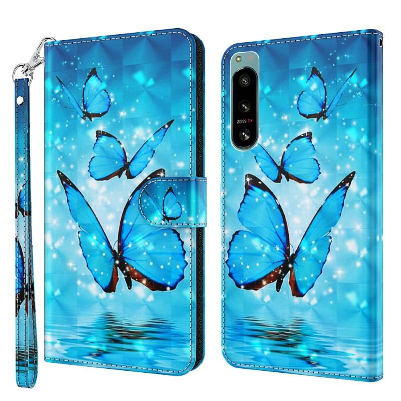 Flip Cover Sony Xperia 5 IV Med Snor Thong Sommerfugle