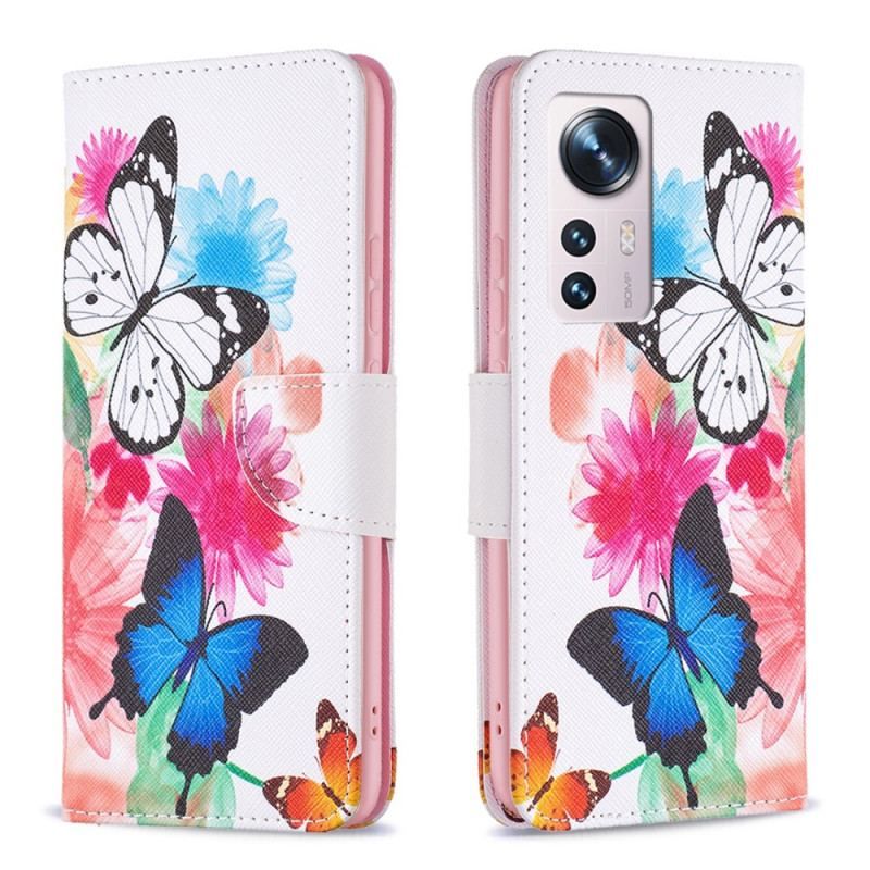 Flip Cover Xiaomi 12 / 12X Malede Sommerfugle Og Blomster